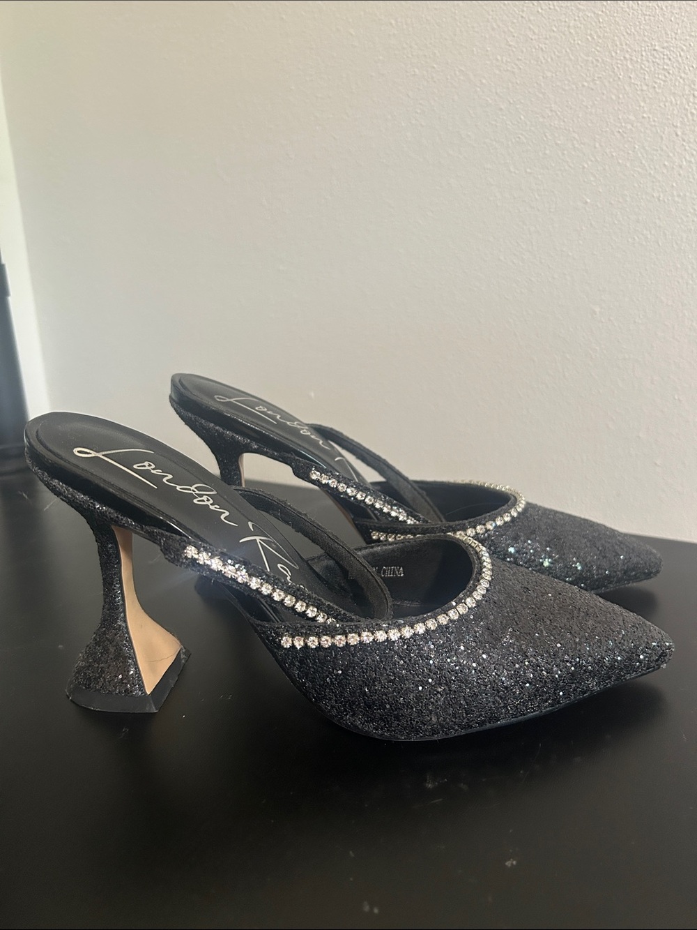 Black Glitter Slingback Mules with Rhinestone Trim